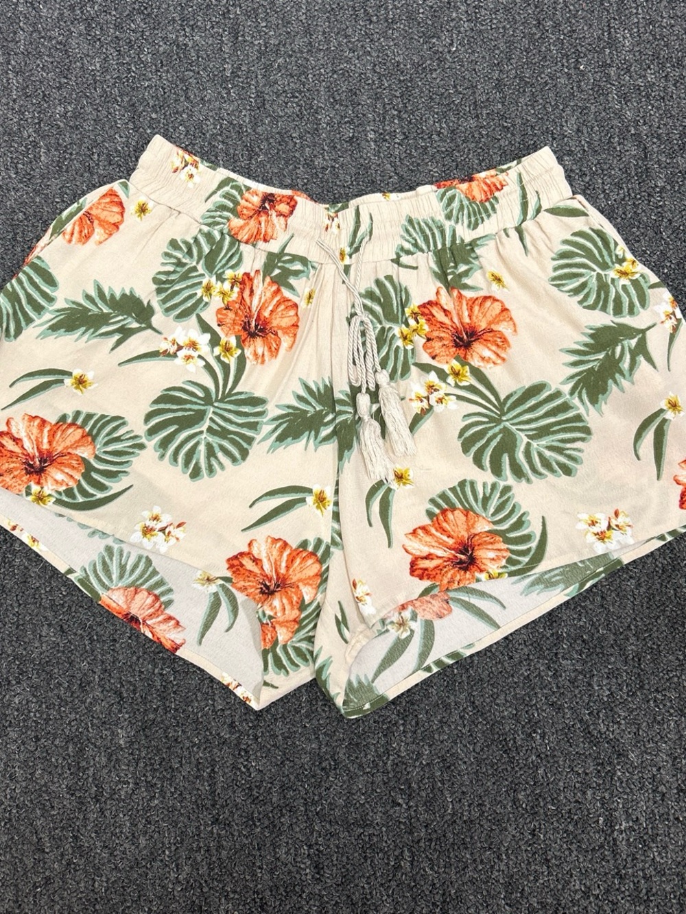 Miss Me Beige Floral Drawstring Athletic Shorts with Orange Hibiscus